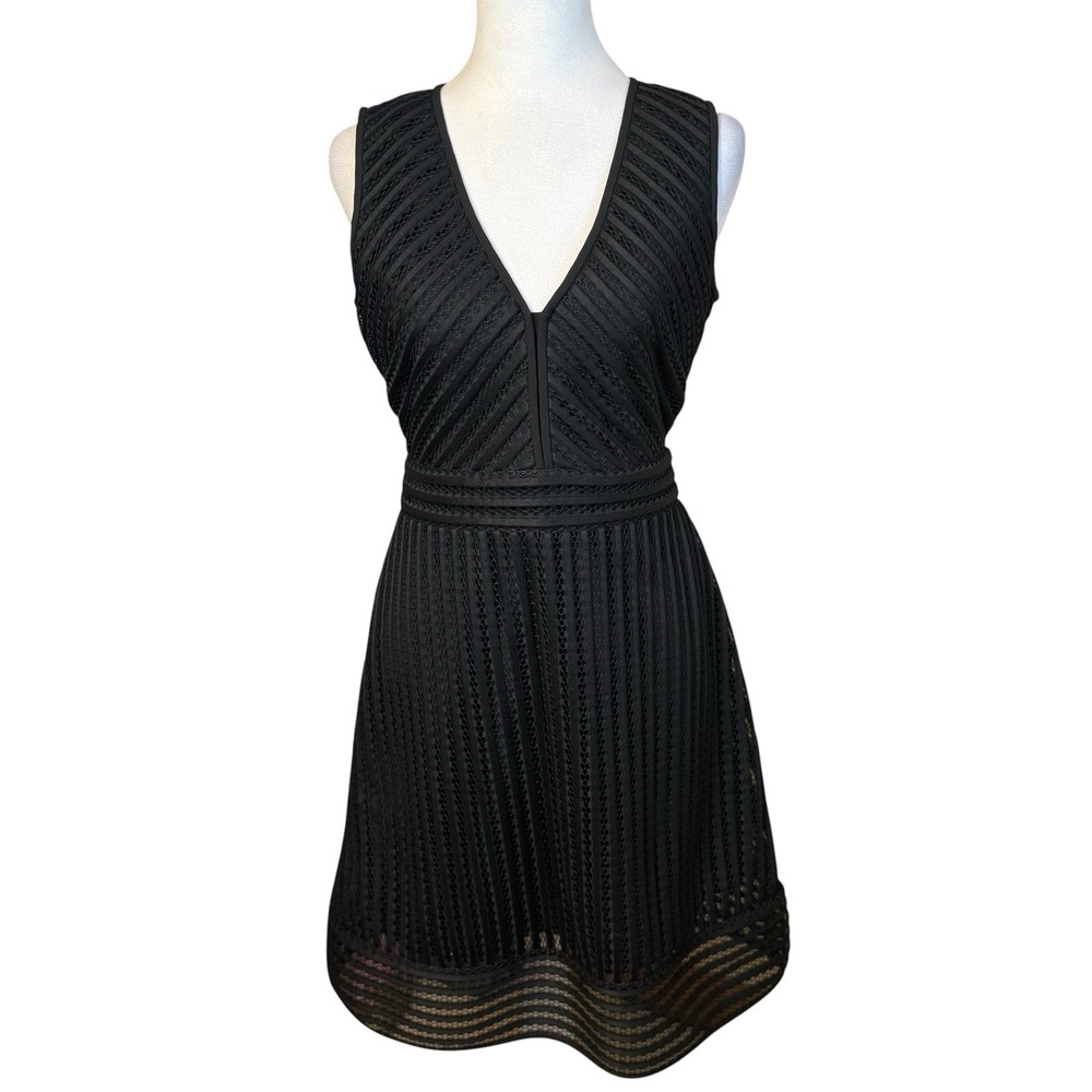 J.Crew Black Eyelet Striped V-Neck Fit &‎ Flare Dress Size 2 LBD Cocktail Event